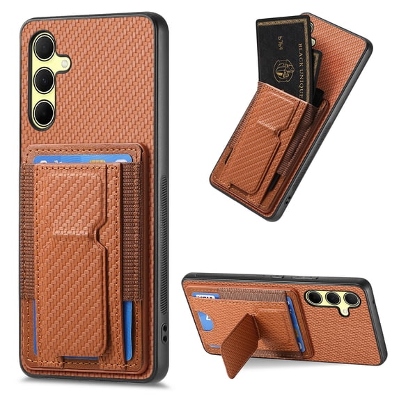 Compatible for Samsung Galaxy A55 Carbon Fiber Texture Wallet Case with Credit Card Slots, Shockproof Protection Business PU Leather Flip Kickstand Phone Cover for Galaxy A55, Brown