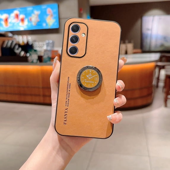 Compatible with Samsung Galaxy A55, Fashion Shockproof PU Leather Phone Case, with 360° Ring Holder, Slim Edge Soft Non-Slip Protective Cellphone Cover for Women Men Girls Boys - Orange Yellow