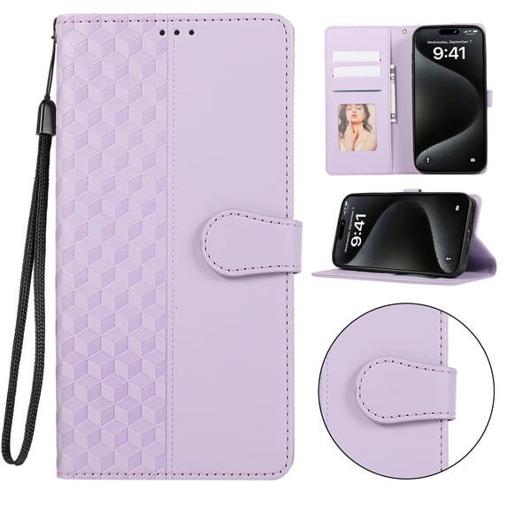 Compatible with Samsung Galaxy A55 Wallet case Kickstand with RFID Blocking Credit Card Holder,Magnetic Clasp Flip Book with Wrist Strap PU Leather Soft Inner Shockproof Cover Women Men,Purple
