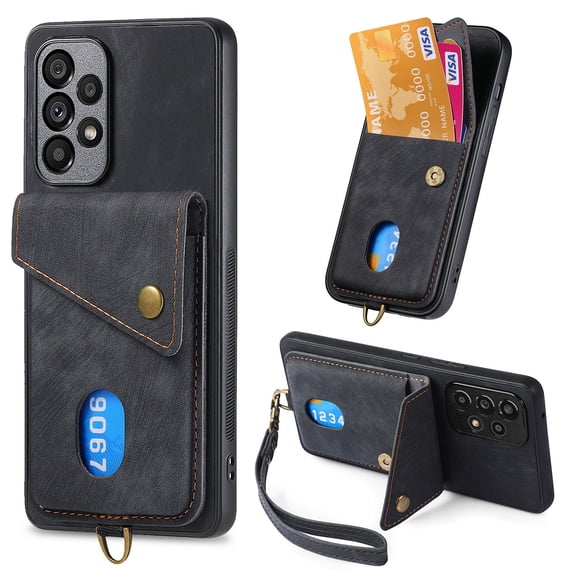 Compatible with Samsung Galaxy A56 5G PU Leather Back + TPU Frame Case, Card Slot Magnetic Snap with Removable Wrist Strap Support Magnetic Car Mount Kickstand Cover for Samsung Galaxy A56 5G, Black