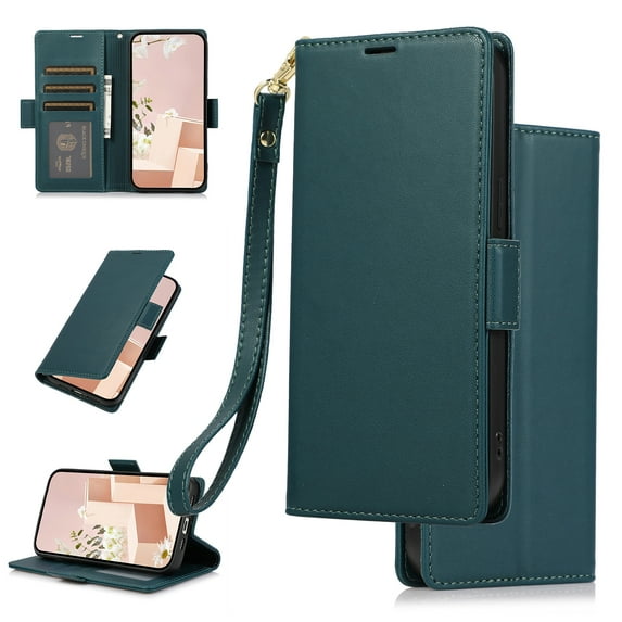Compatible with Samsung Galaxy A56 5G Wallet Case with Credit Card Holder & Cash Slot, RFID Blocking Durable PU Leather Flip Magnetic Protective Stand Cover Wrist Strap Women Men,Green