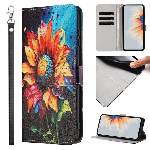 Compatible with Samsung Galaxy A56 5G Wallet Case for Women Girls, Garden Flower Pattern Design PU Leather Flip Cover with Card Holder Kickstand Wrist Strap Protective Case, Sunflower