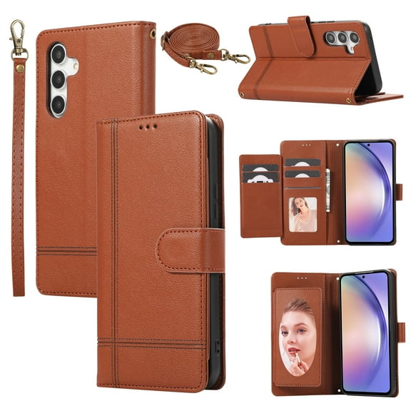 Compatible with Samsung Galaxy A56 5G Wallet Case, with Wrist Strap and Crossbody Strap, Make-up Mirror PU Leather Flip Credit Cell Cover Kickstand for Samsung Galaxy A56 5G Girls Women, Brown