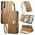 thumbnail image 1 of Compatible with Samsung Galaxy A56 5G Wallet Phone Case,With Shoulder Strap&Wrist Strap,Zipper Pocket,Card Slots,Flip Folio Kickstand,Flower&Leaf Emboss PU Leather Shockproof Phone Case,Brown, 1 of 12