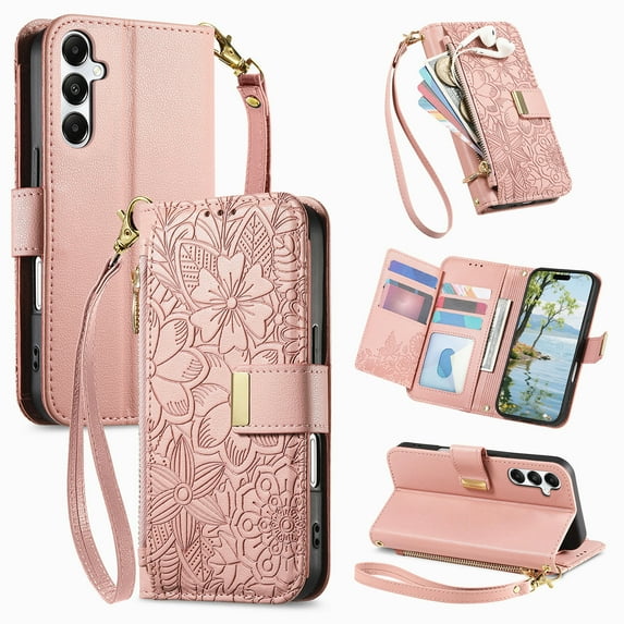 Compatible with Samsung Galaxy A56 5G Wallet Phone Case,With Shoulder Strap&Wrist Strap,Zipper Pocket,Card Slots,Flip Folio Kickstand,Flower&Leaf Emboss PU Leather Shockproof Phone Case,Rosegold