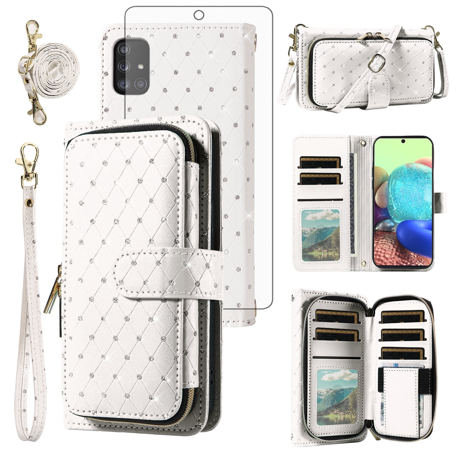 Compatible with Samsung Galaxy A71 5G Wallet Phone Case Tempered Glass Screen Protector Bling Glitter Crossbody Lanyard Strap Flip Zipper Purse Card Holder Cell Cover for A 71 G5 71A S71 Women White