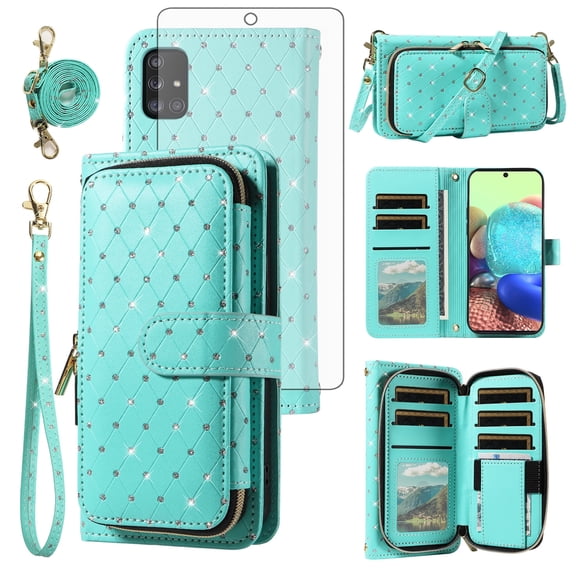 Compatible with Samsung Galaxy A71 5G Wallet Phone Case Tempered Glass Screen Protector Bling Glitter Crossbody Lanyard Strap Flip Zipper Purse Card Holder Cell Cover for A 71 G5 71A S71 Women Green
