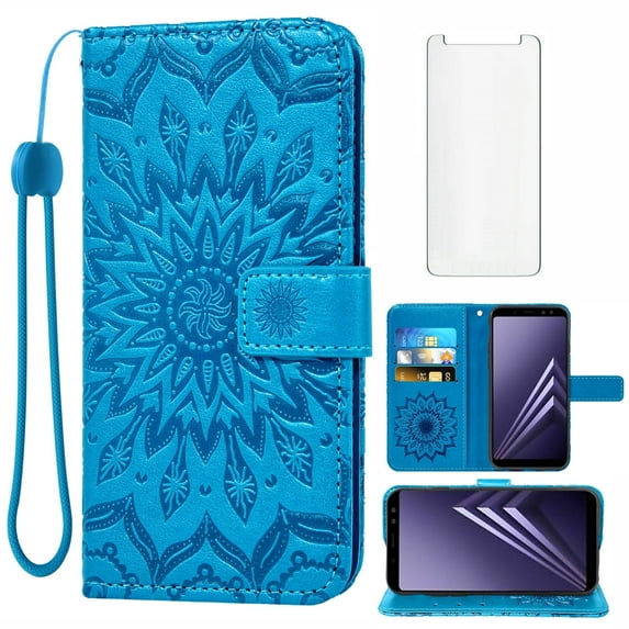 Compatible with Samsung Galaxy A8 2018 Wallet Phone Case and Tempered Glass Screen Protector Flip Credit Card Holder Stand Mandala Flower Cell Cover for 8A 2018 A530W SM-A530W Women Men Blue