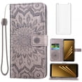 thumbnail image 1 of Compatible with Samsung Galaxy A8 2018 Wallet Phone Case and Tempered Glass Screen Protector Flip Credit Card Holder Stand Mandala Flower Cell Cover for 8A 2018 A530W SM-A530W Women Men Gray, 1 of 9
