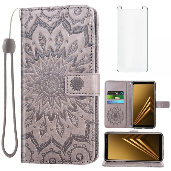 Compatible with Samsung Galaxy A8 2018 Wallet Phone Case and Tempered Glass Screen Protector Flip Credit Card Holder Stand Mandala Flower Cell Cover for 8A 2018 A530W SM-A530W Women Men Gray