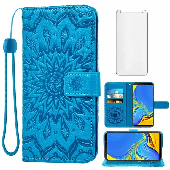 Compatible with Samsung Galaxy A9 2018 Wallet Phone Case and Tempered Glass Screen Protector Flip Credit Card Holder Stand Mandala Flower Cell Cover for 9A Star Pro A9S A920 A920F Women Men Blue