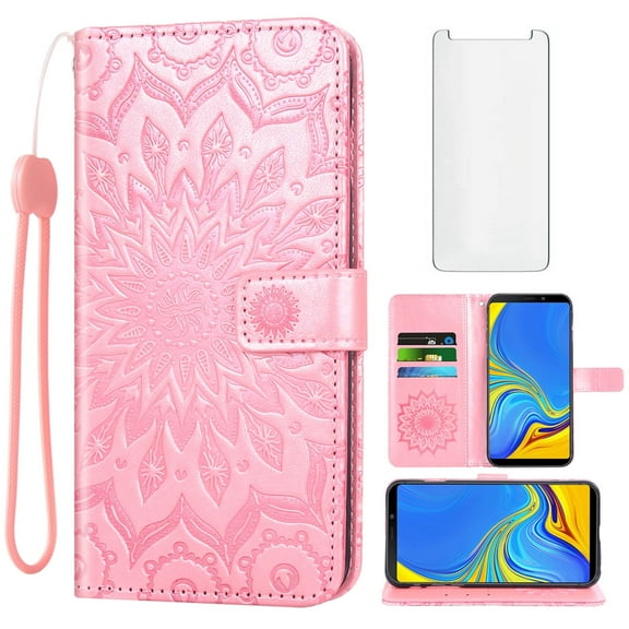 Compatible with Samsung Galaxy A9 2018 Wallet Phone Case and Tempered Glass Screen Protector Flip Credit Card Holder Stand Mandala Flower Cell Cover for 9A Star Pro A9S A920 A920F Women Men Pink