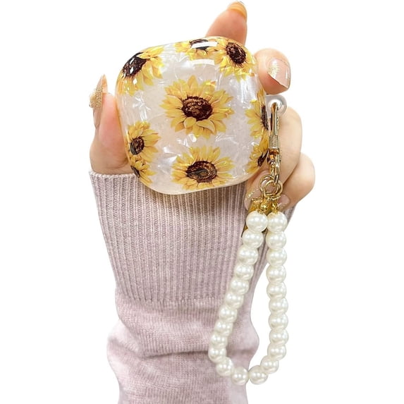 Compatible with Samsung Galaxy Buds 2 Pro(2022)/Galaxy Buds 2/Galaxy Buds Pro/Galaxy Buds Live Case Floral with Pearl Keychain Cute for Women Protective Cover Case Sunflower