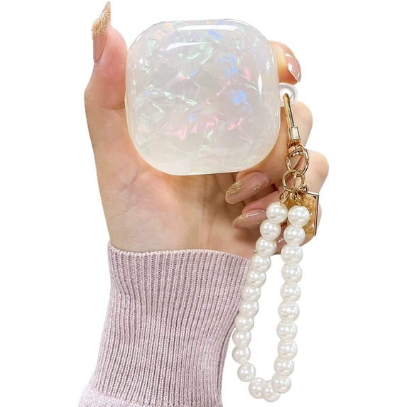 Compatible with Samsung Galaxy Buds 2 Pro(2022)/Galaxy Buds Pro Case/Galaxy Buds 2 Case/Galaxy Buds Live Case with Pearl Keychain Cute Shockproof Protective Cover Case White