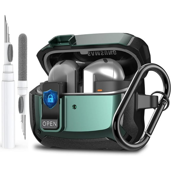 Galaxy Buds 3 Pro Case & Buds 3 Case with Secure Lock Clip&Cleaning kit, Full Body Shockproof Samsung Galaxy Buds 3/3 Pro Hard Shell Cover Protection Design, Black/Green