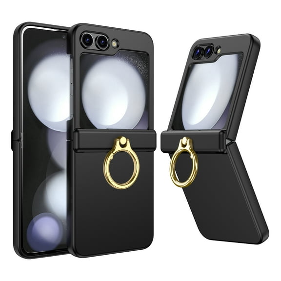 Compatible with Samsung Galaxy Flip 5 Case with Hinge Protection, Build-in Kickstand Ring Holder Anti-Scratches Hard PC Protective Shockproof Case for Samsung Galaxy Z Flip 5 - Black
