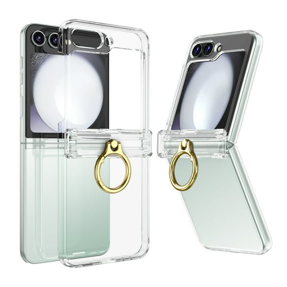 Compatible with Samsung Galaxy Flip 5 Case with Hinge Protection, Build-in Kickstand Ring Holder Anti-Scratches Hard PC Protective Shockproof Case for Samsung Galaxy Z Flip 5 - Clear