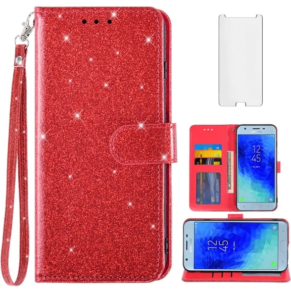 Compatible with Samsung Galaxy J3 Orbit J 3 Star 2018 3J Achieve Wallet Phone Case and Tempered Glass Screen Protector Flip Credit Card Holder Stand Cell Cover for J3V V 3rd Gen SM J337A J337V Red