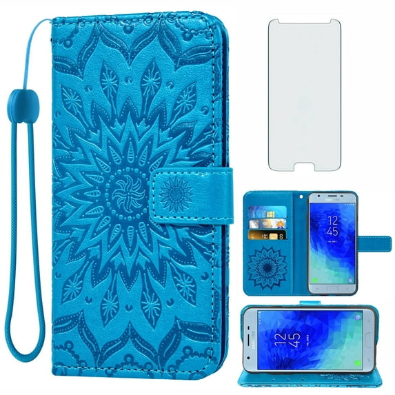 Compatible with Samsung Galaxy J3 Orbit J 3 Star 2018 3J Achieve Wallet Phone Case and Tempered Glass Screen Protector Flip Credit Card Holder Stand Mandala Flower Cell Cover for J337A J337V Blue