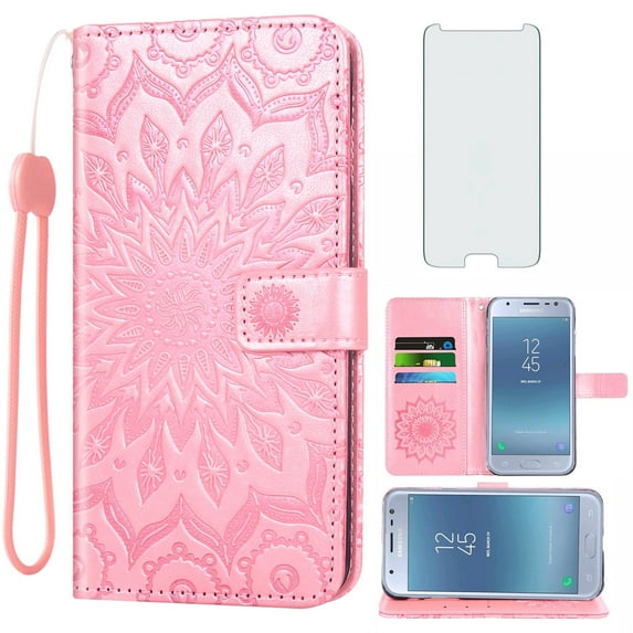 Compatible with Samsung Galaxy J3 Orbit J 3 Star 2018 3J Achieve Wallet Phone Case and Tempered Glass Screen Protector Flip Credit Card Holder Stand Mandala Flower Cell Cover for J337A J337V Pink