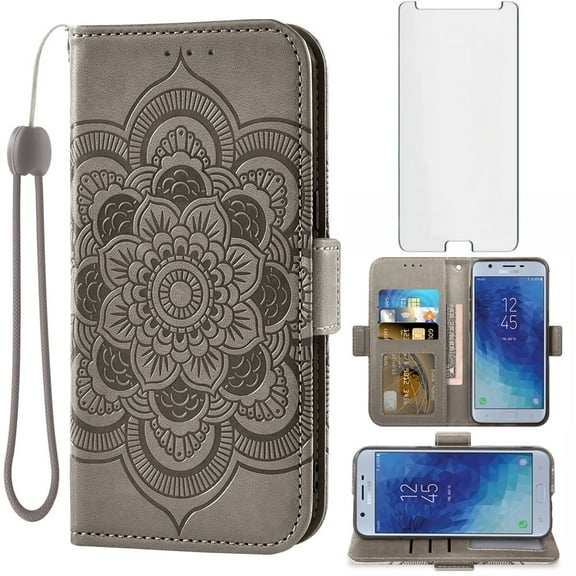 Compatible with Samsung Galaxy J7 Star J 7 Crown 7J Refine 2018 J7V V 2nd Gen Wallet Phone Case and Tempered Glass Screen Protector Flip Credit Card Holder Stand Cell Cover for Aura S767VL SM Gray