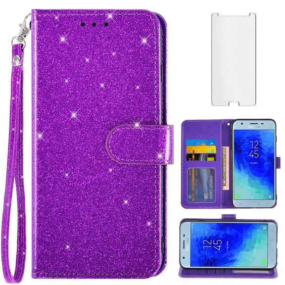 Compatible with Samsung Galaxy J7 Star J 7 Crown 7J Refine 2018 J7V V 2nd Gen Wallet Phone Case and Tempered Glass Screen Protector Flip Credit Card Holder Stand Bling Glitter Cell Cover for Purple