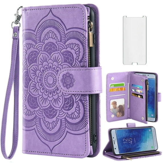 Compatible with Samsung Galaxy J7 Star J 7 Crown 7J Refine 2018 Wallet Phone Case and Tempered Glass Screen Protector Flower Faux Leather Flip Credit Card Holder Stand Zipper Cell Cover for Purple