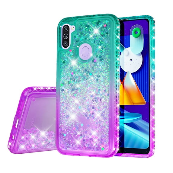 Compatible for Samsung Galaxy M11 Case with Tempered Glass Screen Protector SOGA Diamond Liquid Quicksand Cover Cute Girl Women Phone Case - Teal / Purple