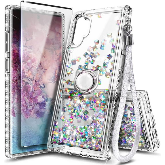 Compatible with Samsung Galaxy Note 10 Case with Tempered Glass Screen Protector, Ring Holder/Wrist Strap, Nagebee Glitter Liquid Floating Waterfall Cute Phone Cover (Clear Gem)