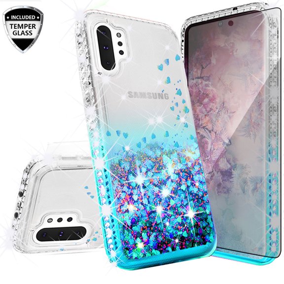 Compatible for Samsung Galaxy Note 10 Case, with [Tempered Glass Screen Protector] SOGA Diamond Liquid Quicksand Cover Cute Girl Women Phone Case - Clear/Teal