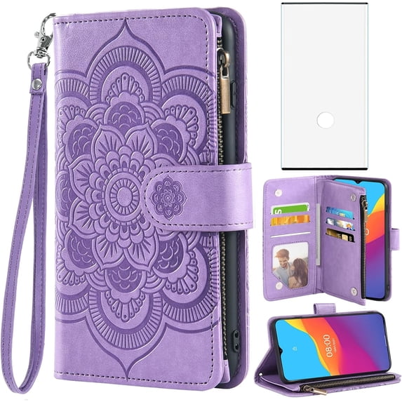 Compatible with Samsung Galaxy Note 10 Glaxay Note10 5G Wallet Case and Tempered Glass Screen Protector Flip Card Holder Stand Cell Phone Cover for Gaxaly Notes 10s Ten Not S10 Women Purple