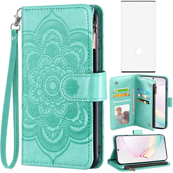 Compatible with Samsung Galaxy Note 10 Plus Glaxay Note10+ 5G Wallet Case Tempered Glass Screen Protector Card Holder Cell Phone Cover for Gaxaly Note10 + Notes 10+ Ten Not S10 10Plus Green