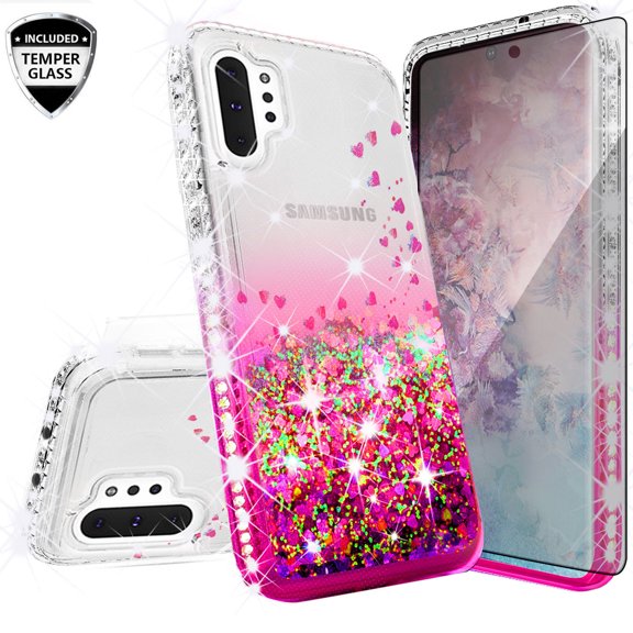 Compatible for Samsung Galaxy Note 10 Plus/ Note 10 Plus 5G Case, with [Tempered Glass Screen Protector] SOGA Diamond Liquid Quicksand Cover Cute Girl Women Phone Case - Clear/Pink