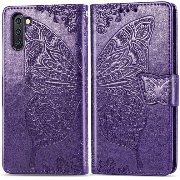 Compatible with Samsung Galaxy Note 10 Wallet Case for Women, Leather Flip Folio with Kickstand Magnetic and Card Holder Protective Case for Samsung Galaxy Note 10 Butterfly Purple SD