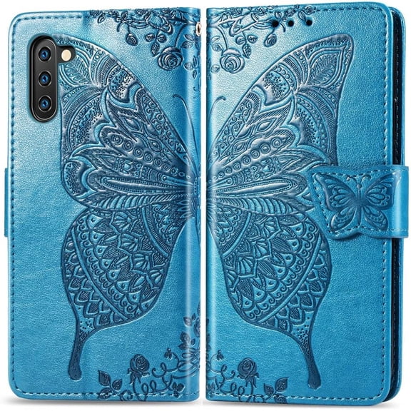 Compatible with Samsung Galaxy Note 10 Wallet Case for Women, Leather Flip Folio with Kickstand Magnetic and Card Holder Protective Case for Samsung Galaxy Note 10 Butterfly Blue SD