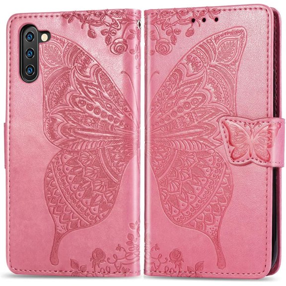 Compatible with Samsung Galaxy Note 10 Wallet Case for Women, Leather Flip Folio with Kickstand Magnetic and Card Holder Protective Case for Samsung Galaxy Note 10 Butterfly Pink SD