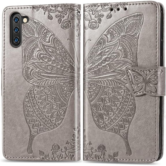 Compatible with Samsung Galaxy Note 10 Wallet Case for Women, Leather Flip Folio with Kickstand Magnetic and Card Holder Protective Case for Samsung Galaxy Note 10 Butterfly Grey SD