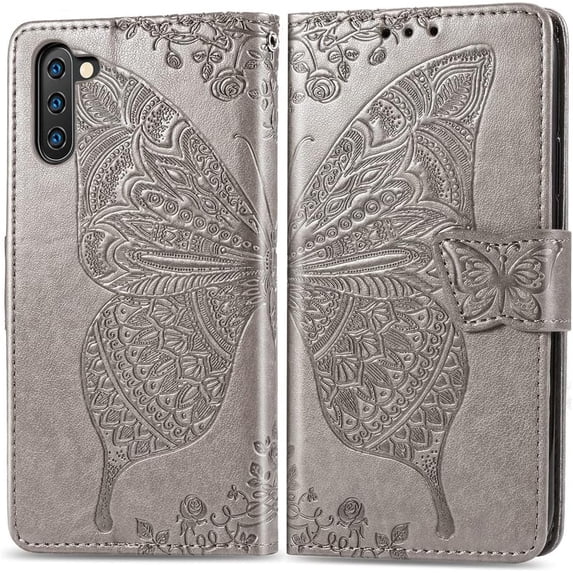 Compatible with Samsung Galaxy Note 10 Wallet Case for Women, Leather Flip Folio with Kickstand Magnetic and Card Holder Protective Case for Samsung Galaxy Note 10 Butterfly Grey SD