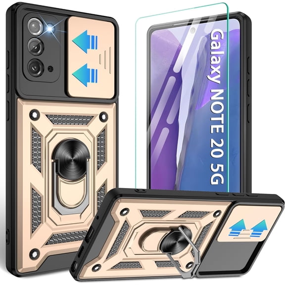 Compatible with Samsung Galaxy Note 20 5G Case,Samsung Note 20 Case with HD Screen Protector with Slide Camera Cover, 360°Rotation Ring Kickstand [Military Grade] Case for Galaxy Note 20,Gold