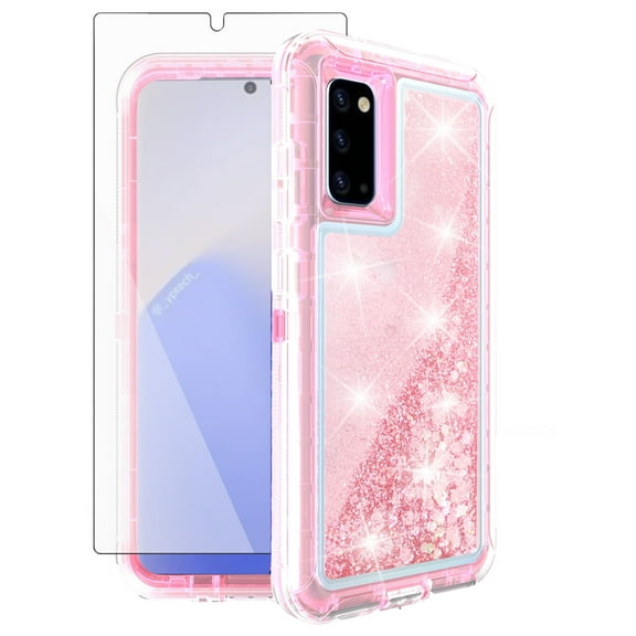 Compatible with Samsung Galaxy Note 20 5G Phone Case Tempered Glass Screen Protector Bling Liquid Glitter Clear Hybrid Shockproof TPU Military Grade Protective Heavy Duty Cell Cover Women Pink