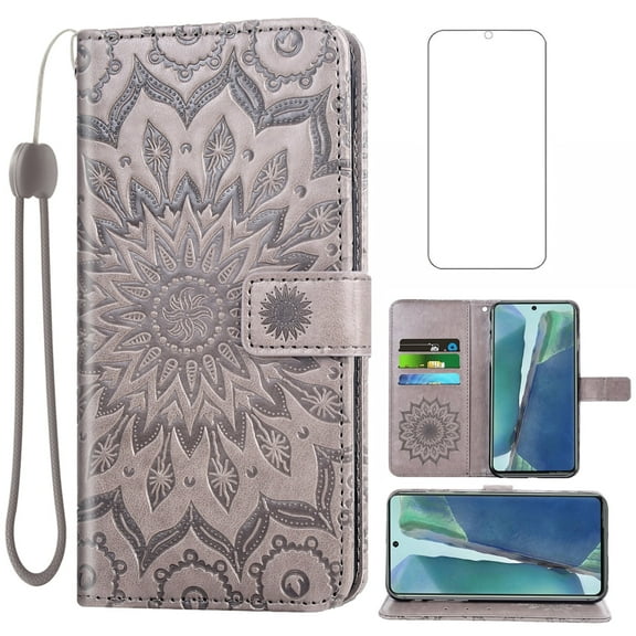 Compatible with Samsung Galaxy Note 20 5G Wallet Phone Case and Tempered Glass Screen Protector Flip Credit Card Holder Stand Mandala Flower Cell Cover for Note20 Notes 20s Twenty Not S20 Gray