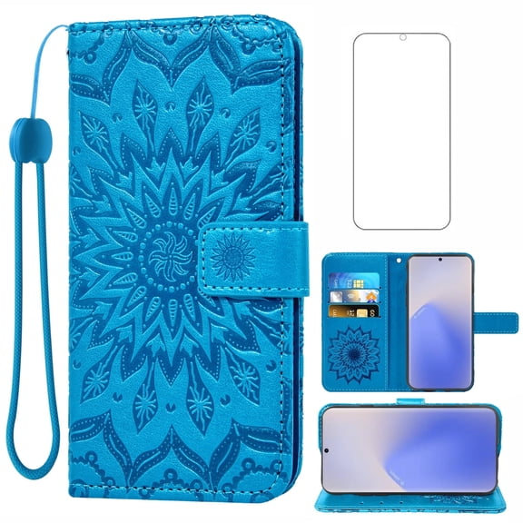 Compatible with Samsung Galaxy Note 20 5G Wallet Phone Case and Tempered Glass Screen Protector Flip Credit Card Holder Stand Mandala Flower Cell Cover for Note20 Notes 20s Twenty Not S20 Blue
