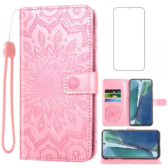 Compatible with Samsung Galaxy Note 20 5G Wallet Phone Case and Tempered Glass Screen Protector Flip Credit Card Holder Stand Mandala Flower Cell Cover for Note20 Notes 20s Twenty Not S20 Pink
