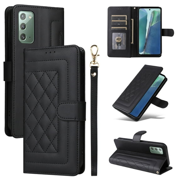 Compatible with Samsung Galaxy Note 20 Case, Premium Leather Wallet Book Case Magnetic Flip RFID Blocking Credit Card Holder Kickstand with Wrist Strap Shock Absorbing Case, Black