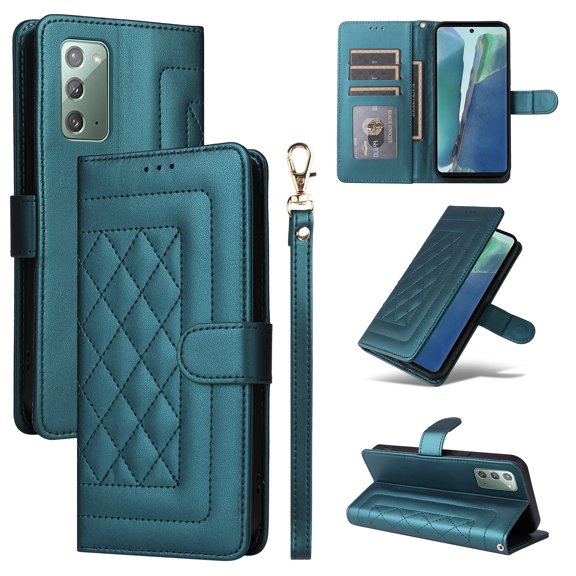 Compatible with Samsung Galaxy Note 20 Case, Premium Leather Wallet Book Case Magnetic Flip RFID Blocking Credit Card Holder Kickstand with Wrist Strap Shock Absorbing Case, Darkgreen