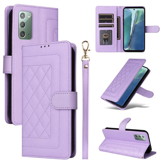 Compatible with Samsung Galaxy Note 20 Case, Premium Leather Wallet Book Case Magnetic Flip RFID Blocking Credit Card Holder Kickstand with Wrist Strap Shock Absorbing Case, Purple