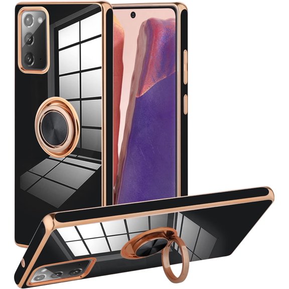 Compatible with Samsung Galaxy Note 20 Case for Women Girls 6.7 Inch, Plating Built-in 360 Rotation Magnetic Ring Kickstand Holder Soft Slim Shockproof Bumper Protective Cover (Black)