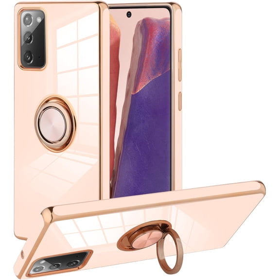 Compatible with Samsung Galaxy Note 20 Case for Women Girls 6.7 Inch, Plating Built-in 360 Rotation Magnetic Ring Kickstand Holder Soft Slim Shockproof Bumper Protective Cover (Pink)
