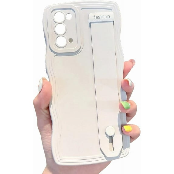 Compatible with Samsung Galaxy Note 20 Phone Case with Wrist Strap Kickstand Cute Solid Color Curly Wave Frame Case Women Camera Protection Soft Cover (White, Samsung Galaxy Note 20)