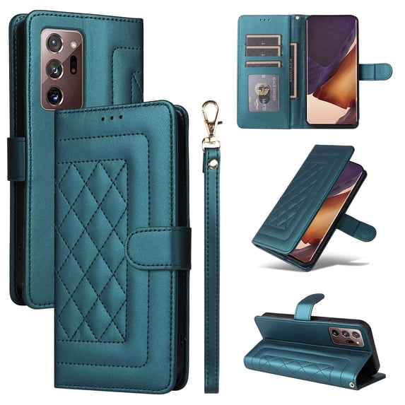 Compatible with Samsung Galaxy Note 20 Ultra Case, Premium Leather Wallet Book Case Magnetic Flip RFID Blocking Credit Card Holder Kickstand with Wrist Strap Shock Absorbing Case, Darkgreen